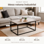 Mesa ratona industrial ambientada en un living, con medidas de 84 cm de largo, 44 cm de ancho y 45 cm de alto; tapa de melamina y estructura de hierro con pintura al horno.