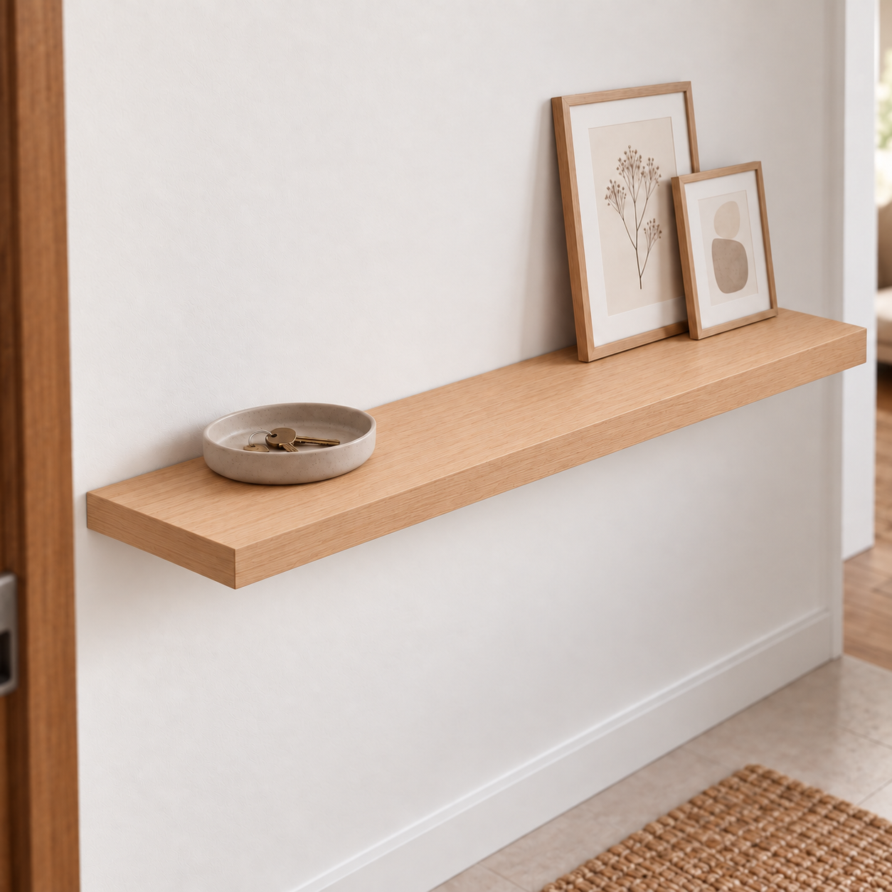 paraiso-recto36-recibidor-v2-mate Estante recto de MDF enchapado en Paraíso de 36 mm, canto con veta longitudinal y acabado mate, en recibidor