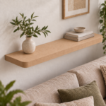 Estante flotante redondeado de MDF enchapado en Paraíso de 36 mm, acabado mate, en living