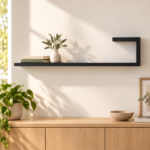 Estante forma J de melamina negra, 100 cm, en contexto. Venta por unidad.