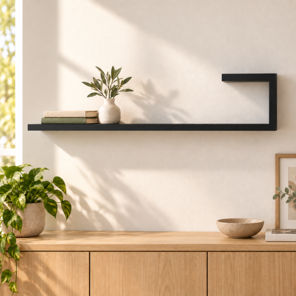 Estante forma J de melamina negra, 100 cm, en contexto. Venta por unidad.